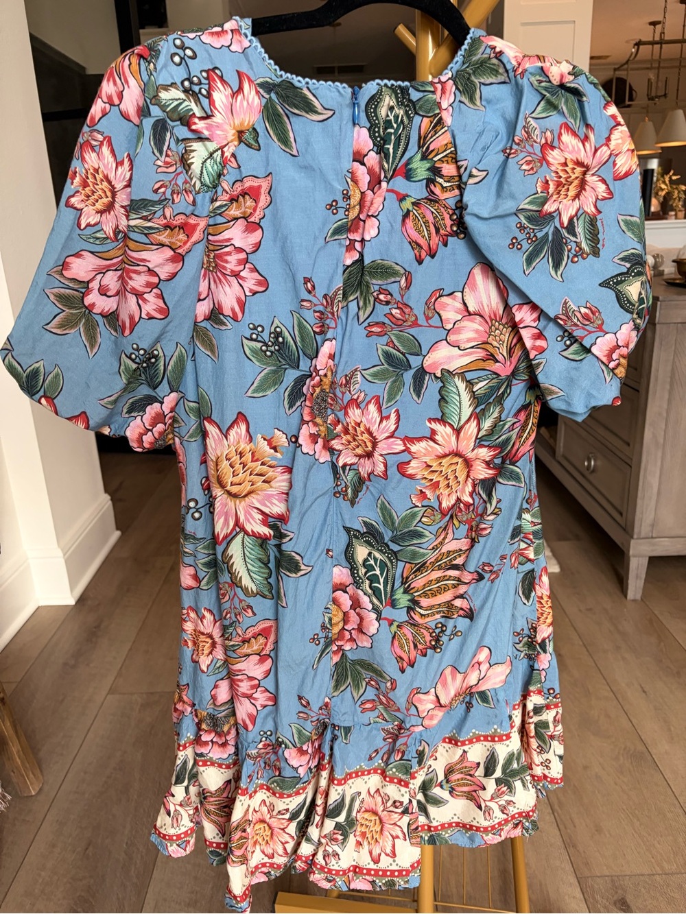 Farm Rio Blue Floral Puff-Sleeve Dress